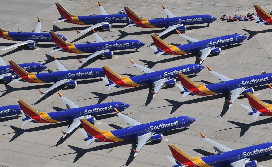 Boeing 737 Max aircraft operated by Southwest Airlines crowd the tarmac of the airport in Victorville, Calif., after the Federal Aviation Administration grounded the planes last year.
