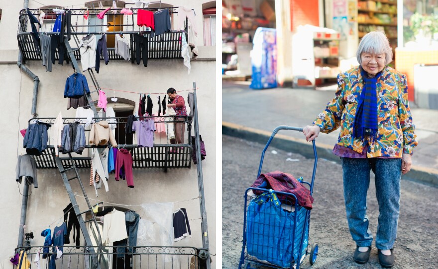 Left: Clothes dry on fire escapes in San Francisco's Chinatown. Right: 88-year-old Shi Ping Tang says all of her clothes are gifted. "I never have to buy anything," she said. "My friends give me all my clothes."