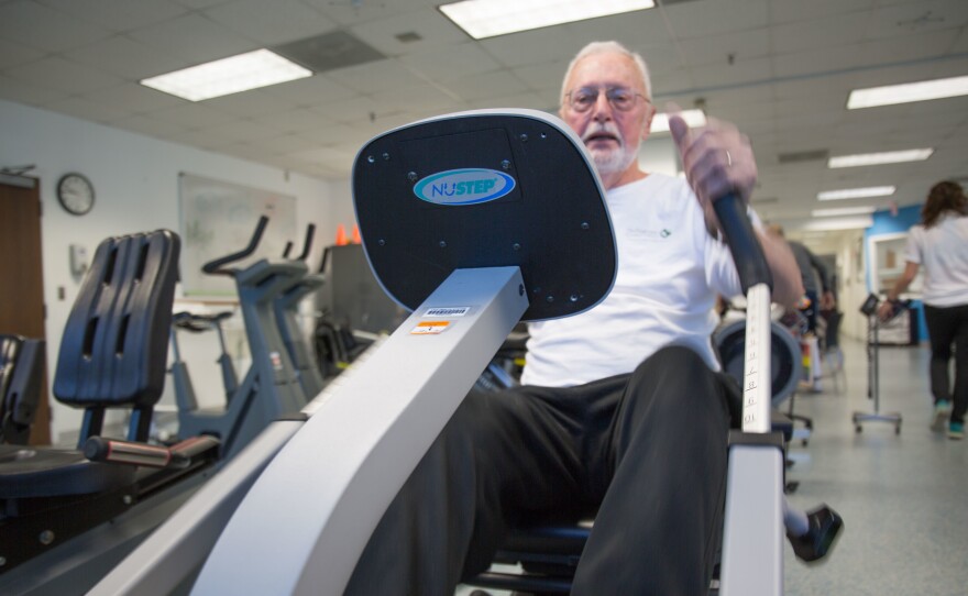 Charles Greiner gets his heart rate up — with supervision — at the U.Va. cardiac rehabilitation gym in Charlottesville, Va.