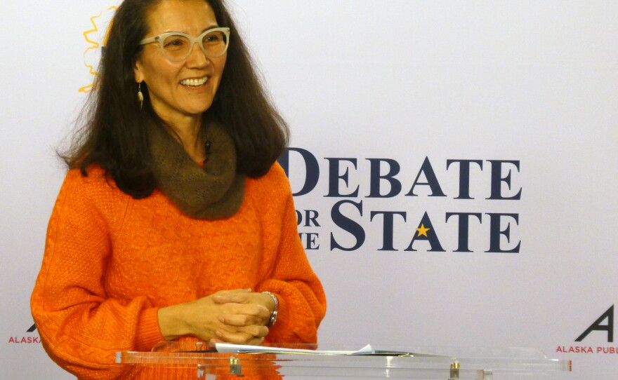 Democrat Mary Peltola smiles ahead of a debate with Republican U.S. Sen. Dan Sullivan in Alaska's Senate race, Thursday, Oct. 15, 2026, in Anchorage, Alaska.