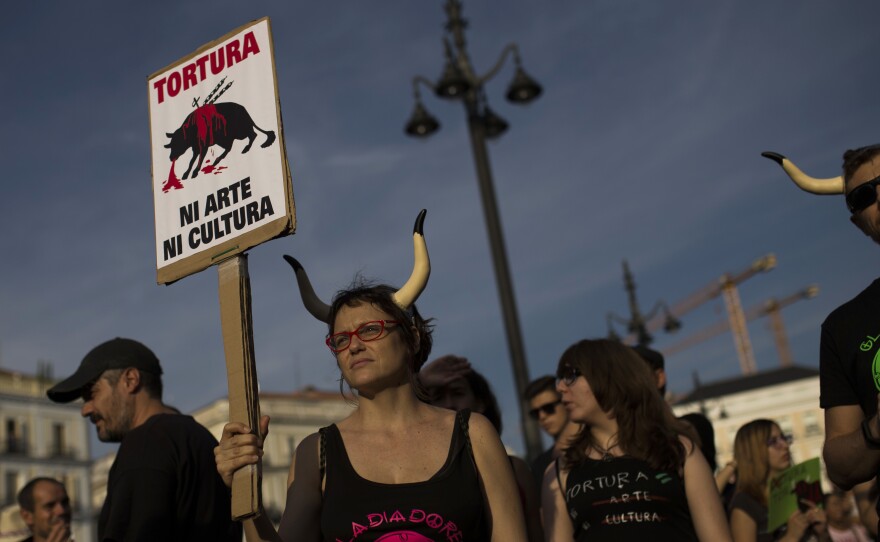 People listen to speeches during a protest against bullfighting in Madrid on Saturday. The placard reads in Spanish: "Torture is neither art nor culture."