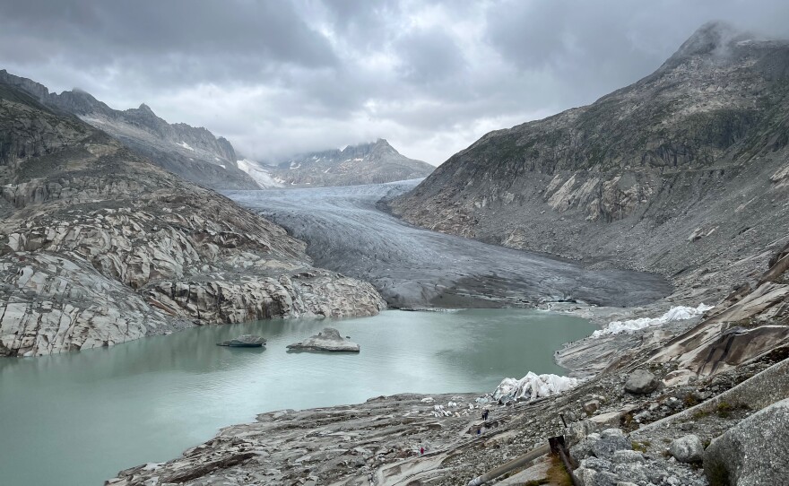 The Rhône Glacier in Switzerland is the source of the Rhône River, which flows through Switzerland and France. Swiss glaciers like this one are melting quickly, reduced by nearly two-thirds of their ice over the past century.