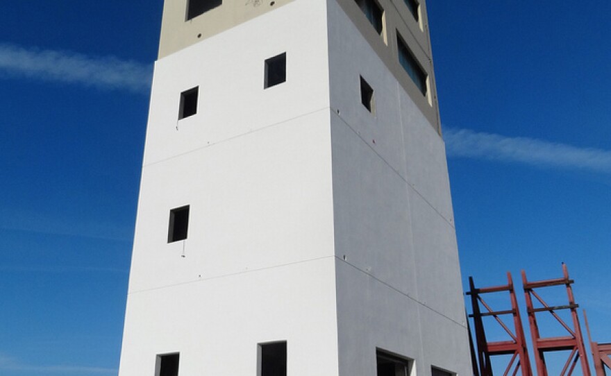 An overall shot of the five-story building that will be tested at the Englekirk Center at UC San Diego starting April 16.