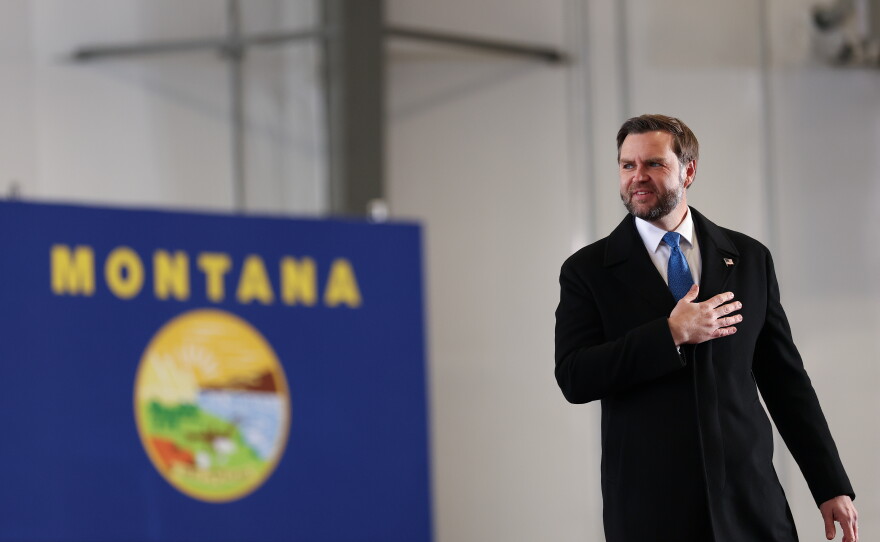 Vice President JD Vance reacts after speaking at a campaign rally at Bozeman Yellowstone International Airport, Monday, Oct. 26, 2026, in Belgrade, Mont.