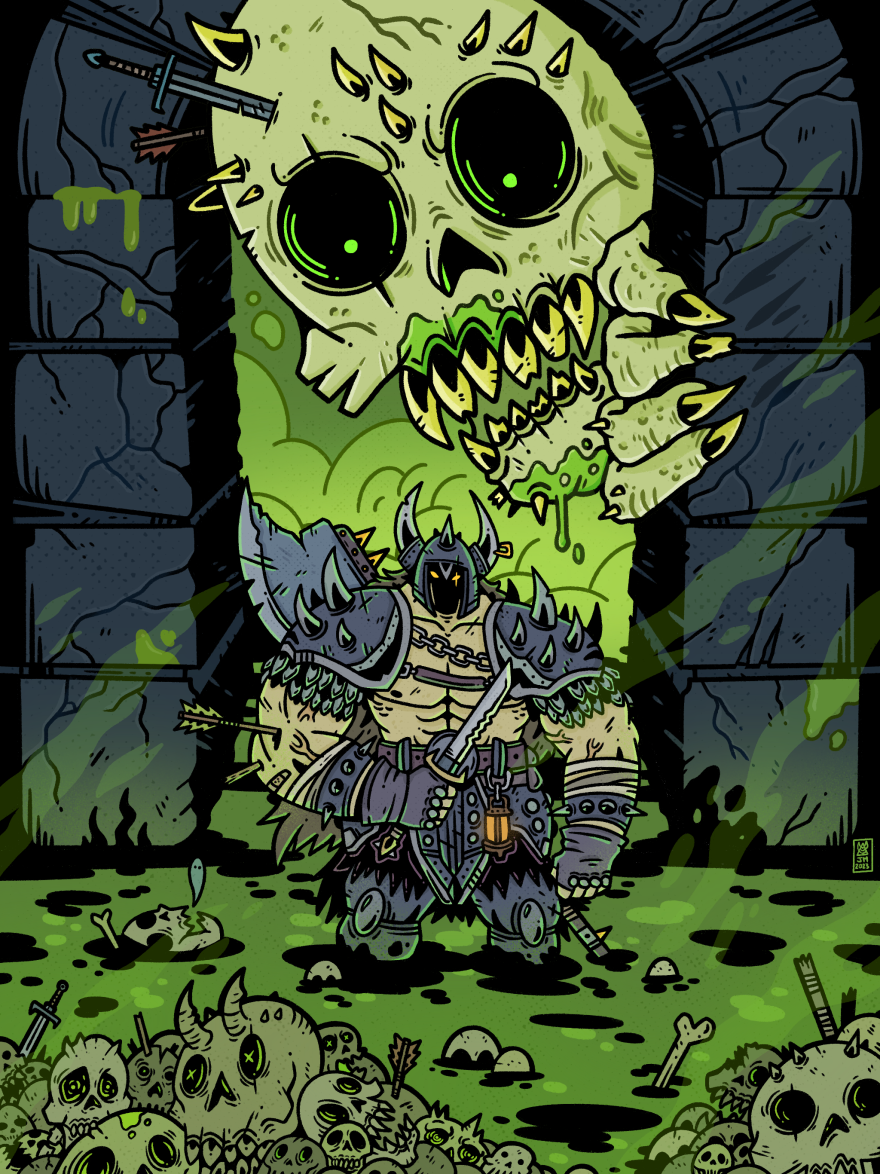 A barbarian warrior stands knee-deep in green fluid with an ominous figure looming from behind.