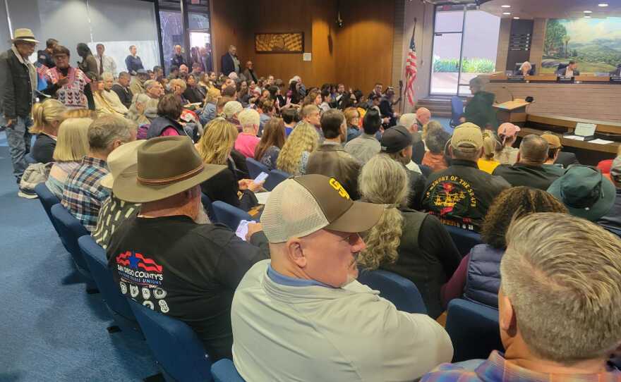 The El Cajon City Council chamber is packed as people await the start of the council meeting on Jan. 28, 2025.