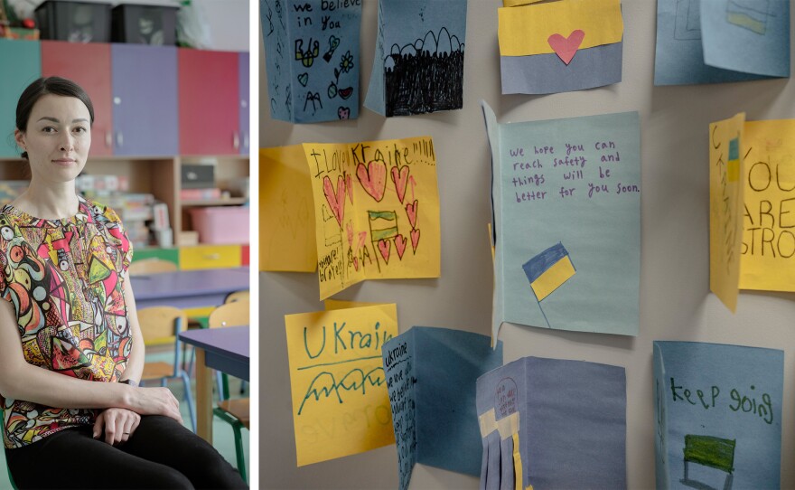 Left: Inna Demchenko is the mother of a 9-year-old student at Primary School no. 148, Warsaw, whose father is still in Kyiv, Ukraine; Right: Cards sent to Ukrainian children by kids from the U.S. at Poland's Warsaw Ukrainian School.
