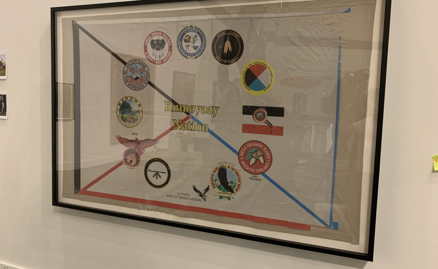 A flag representing the different tribes of the Kumeyaay Nation is shown at the San Diego History Center on June 9, 2026.