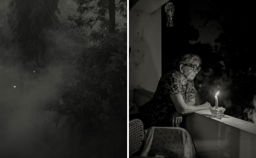 Left: Fumigation is usually done for mosquitoes, but now it functions as a way to disinfect for the coronavirus as well. Right: Hirve's grandmother, Vimal, lights a candle in solidarity with the rest of the nation during the lockdown.