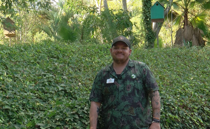 Ollie Zirbel, supervisor with wildlife care at Safari Park, standing in front of one of the 20 bat boxes. Oct. 22, 2025