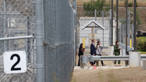 Reps. Mike Levin and Sara Jacobs leave the Otay Mesa Detention Center on Thursday, April 2, 2026.