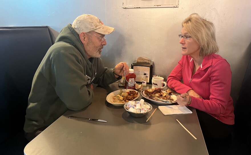 Craig Jewett and Pamela Harrington say "old-school" retail politics is the way to win the hearts and minds of New Hampshire voters. Portsmouth, New Hampshire, Oct. 9, 2023