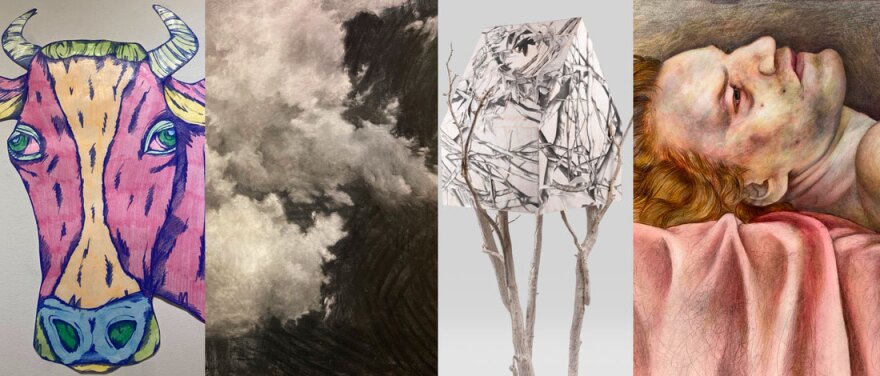 Detail of works by Dakota Noot, Tatiana Ortiz-Rubio, Catherine Ruane and Vicki Walsh, which are part of the "Selected Drawings" exhibition, on view at City College Gallery Feb. 1 through Mar. 1, 2022.