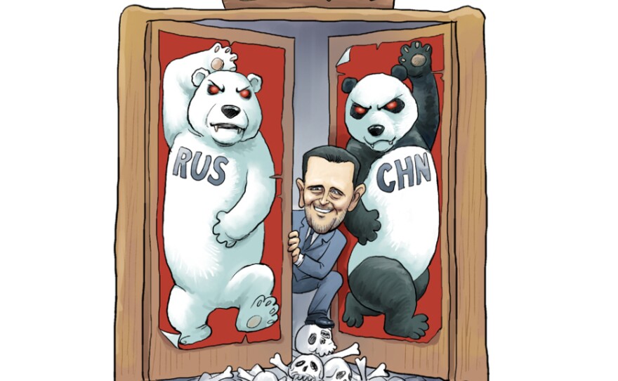 In this cartoon by Rebel Pepper, Russia and China defend Syrian President Bashar Assad amid the country's violent uprising. The image refers to the countries' veto of a draft U.N. resolution promoting regime change in Syria.