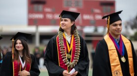 Graduating students walk into the DeVore Stadium during a commencement ceremony at Southwestern College in Chula Vista on May 24, 2024. Adriana Heldiz / CalMatters