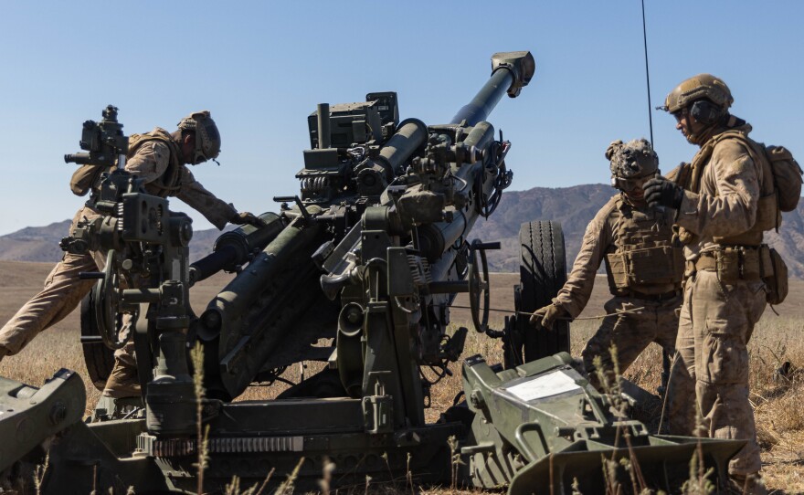 U.S. Marines with 1st Battalion, 11th Marine Regiment, 1st Marine Division, prepare to fire an M777 155mm howitzer during an artillery live-fire range as part of Cobra Fury 2-25 on Marine Corps Base Camp Pendleton, California, Sept. 11, 2025.  (U.S. Marine Corps photo by Cpl. Savannah Norris)