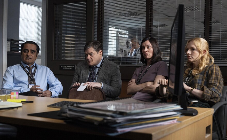 MASTERPIECE: UNFORGOTTEN, Season 6, Episode 4. With the details of Gerry Cooper’s life becoming clearer and one suspect already being questioned, the team find suspects further afield. Shown: DI Sunny Khan (Sanjeev Bhaskar), DS Murray Boulting (Jordan Long), DC Karen Willetts (Pippa Nixon), DS Fran Lingley (Carolina Main)