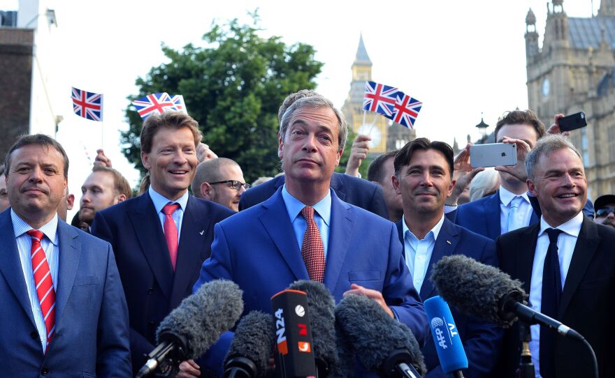 Nigel Farage, leader of the United Kingdom Independence Party (UKIP), a vocal supporter of the "Leave" campaign who was once regarded as a fringe politician, speaks during a press conference near the Houses of Parliament in central London on Friday.