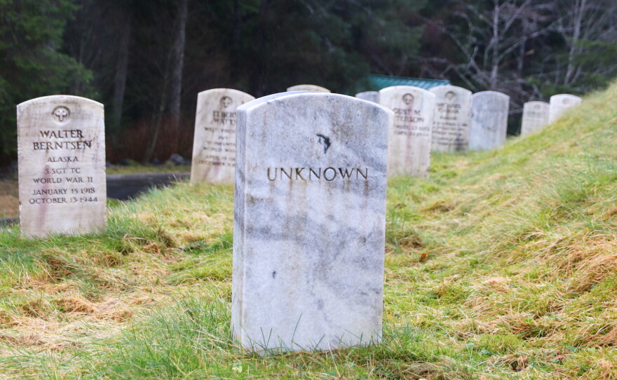 The headstone of an unidentified soldier known as "X-3" is marked as "Unknown" at the Sitka National Cemetery in Sitka, Alaska.