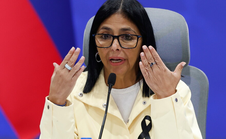 Venezuela's acting President Delcy Rodríguez speaks during a press conference in Caracas, Venezuela, on July 2, 2026.