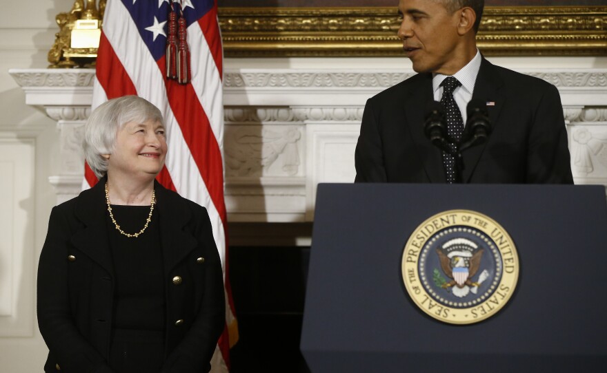 President Obama stands with Janet Yellen, his choice to lead the Federal Reserve Board, at the White House on Wednesday.