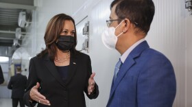 U.S. Vice President Kamala Harris speaks with National Institute of Hygiene and Epidemiology (NIHE) director Đặng Đức Anh during her visit to the NIHE where 270,000 doses of Pfizer vaccine arrived earlier in the morning, in Hanoi, Vietnam, Thursday, Aug. 26, 2021.