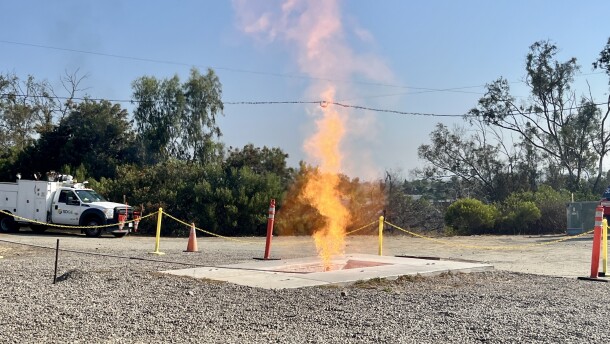 An ignited gas leak demonstration send flames high into the sky at SDG&amp;E’s Skills Training Center, Aug. 11, 2025.