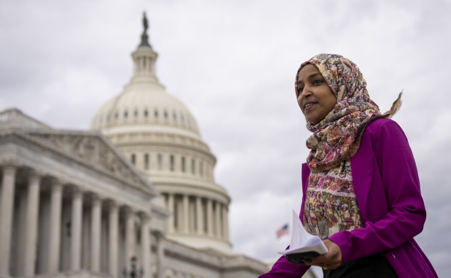 Rep. Ilhan Omar, D-Minn., departs a news conference outside the U.S. Capitol on Jan. 26.