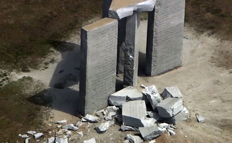 This aerial image taken from video shows damage to the Georgia Guidestones monument near Elberton, Ga., on Wednesday.