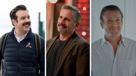Jason Sudeikis, from left, in Ted Lasso, Steve Carell in Rooster and Jason Segel in Shrinking — all star in comedies from Bill Lawrence.