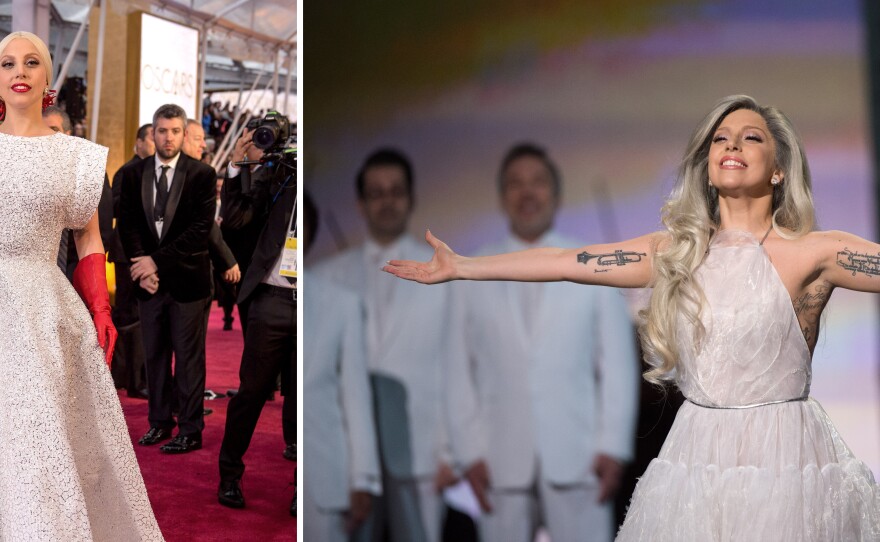 Lady Gaga on the red carpet with what looked like oven mitts or superhero gloves, left. On the right, Lady Gaga performs in a tribute to Julie Andrews at the 87th annual Academy Awards, Feb. 22, 2015.