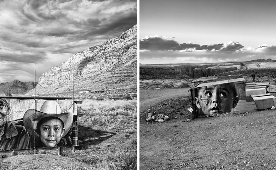 Thomas' large-scale installations depict ordinary life on the Navajo Nation, with work that often interacts with the vast arid landscapes. Though he uses abandoned buildings, Thomas also places work on roadside stands where Navajo vendors sell jewelry and food.