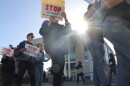 Students, staff and other community members protest at Grossmont High School before the Grossmont Union High School District's board meeting on Thursday, April 24, 2025.