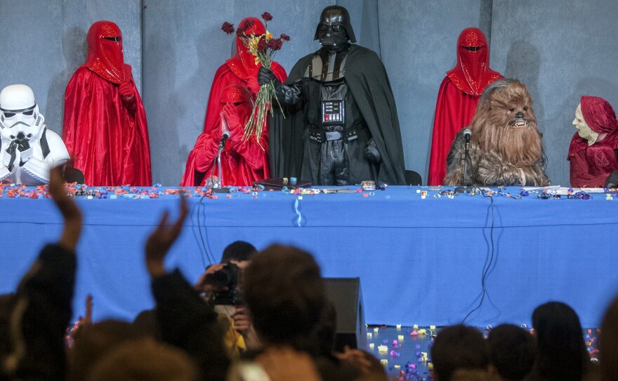 Activists from the Internet Party of Ukraine hold a party congress in Kiev Saturday to announce the candidacy of Darth Vader.