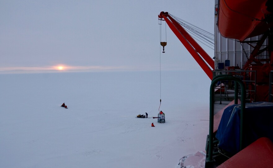 Ice thickness surveys were conducted both by helicopter and by using an electromagnetic sensor pulled on a sled by a snowmobile.