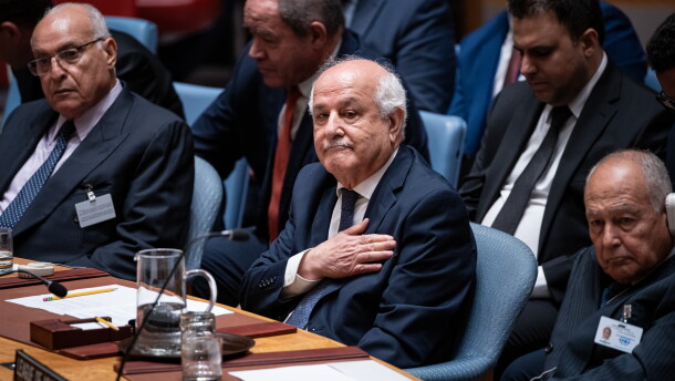 Palestinian Ambassador to the United Nations Riyad Mansour pats his heart during the Kuwait crown prince's address at the High-Level Security Council meeting on Palestinians and Israel during the 80th session of the United Nations General Assembly, Sept. 23, 2025.