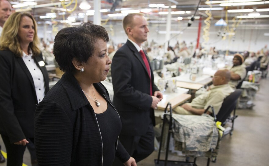 Attorney General Loretta Lynch tours a factory where inmates work at the Talladega Federal Correctional Institution in Talladega, Ala. on April 29, 2016.