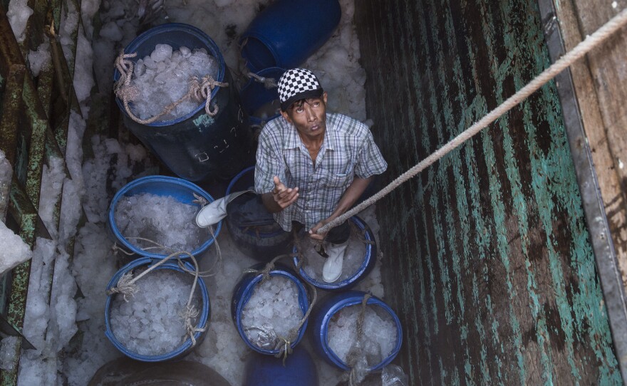 Thailand's fishing industry remains the home of widespread labor and rights abuses, Human Rights Watch says. In this photo from 2016, a fisherman is seen in the freezer hold of a boat unloading fish after arriving at a Thai port.