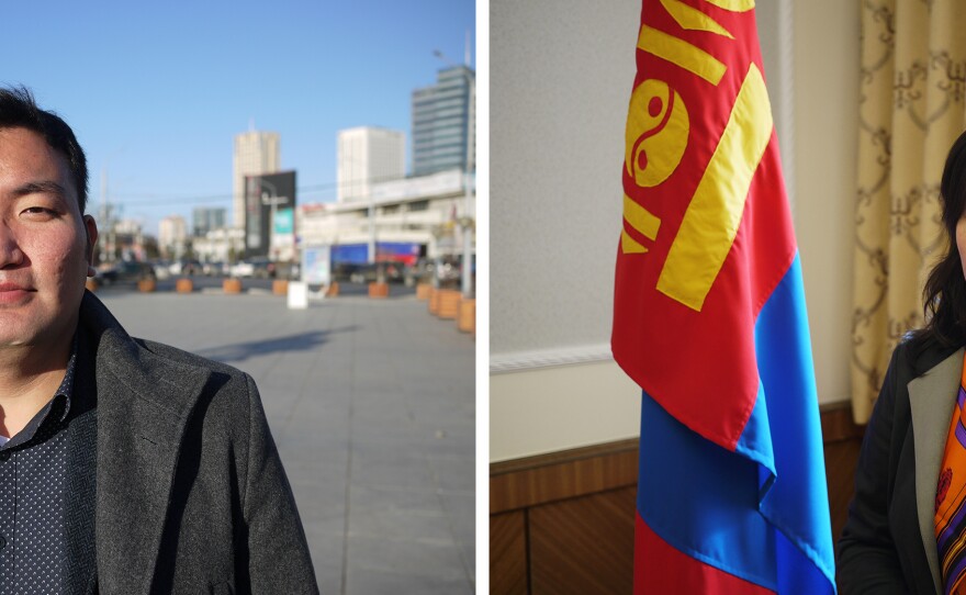 (Left) Mogi Bontoi runs the market intelligence firm Cover Mongolia. He says the country is likely to default on billions of dollars' worth of loans. (Right) Undraa Agvaanluvsan, elected to Mongolia's parliament in June, vows to help Mongolia climb out of its massive debt problem.