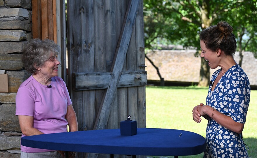 Lucy Grogan Edwards (right) appraises an Edwardian sapphire & diamond ring, ca. 1900, in Shelburne, VT.