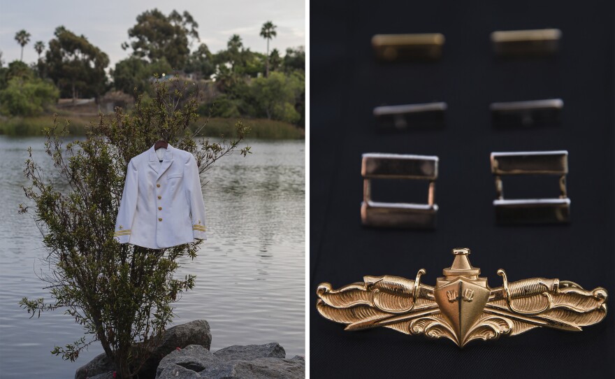 From left to right, Lyla Kohistany's U.S. Navy uniform jacket that was worn during the summer season hangs on a tree, and Kohistany's U.S. Navy pins, from front to back, the Surface Warfare Officer pin, silver lieutenant bars, silver lieutenant junior grade bars and gold ensign bars sit on a jacket at Lake Murray in San Diego on July 2, 2021.