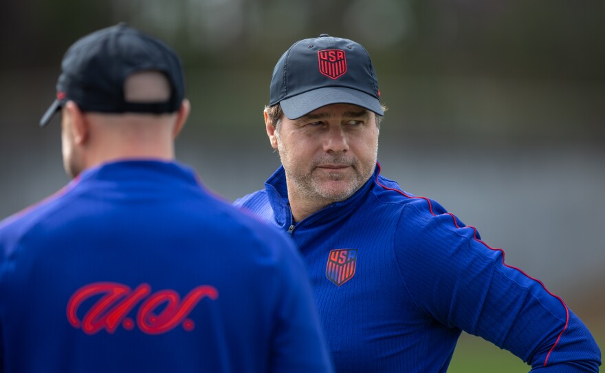 U.S. head soccer coach Mauricio Pochettino watches his team practice Friday at the Atlanta United training facility in Marietta, Ga. Pochettino will choose his World Cup roster in May. "It's going to be tough to pick the right players for the final roster. It is a big, big job. I am suffering two months in advance," he said.