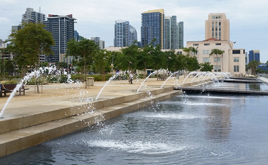 A series of water spouts splash into the San Diego County Water Park on the north side of the County Administration Building in downtown San Diego, June 27, 2015.