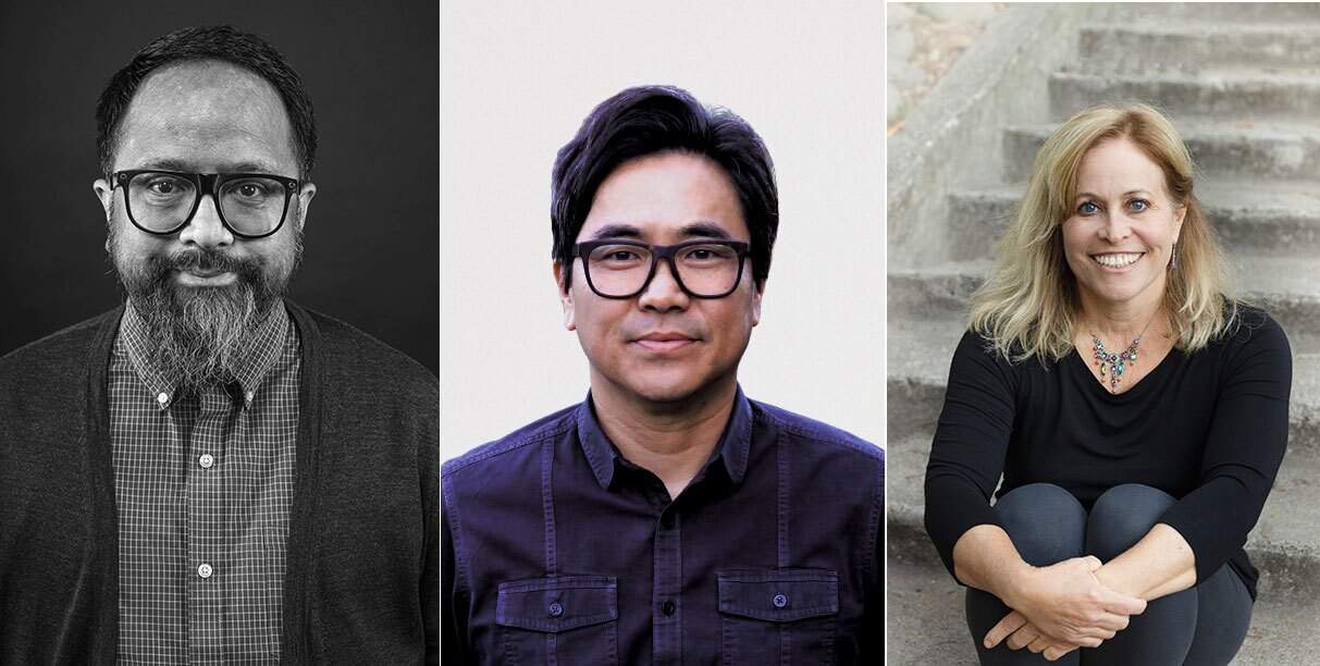 The Poet Laureate of San Diego, Jason Magabo Perez (left), the Poet Laureate of California, Lee Herrick (center), and the winner for the Kowit Prize, Julia B. Levine, are shown in undated photos.
