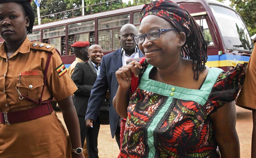 Stella Nyanzi arrives at the High Court in Kampala, Uganda, in April 2017. She had been jailed for "cyber-harassment" of the president.