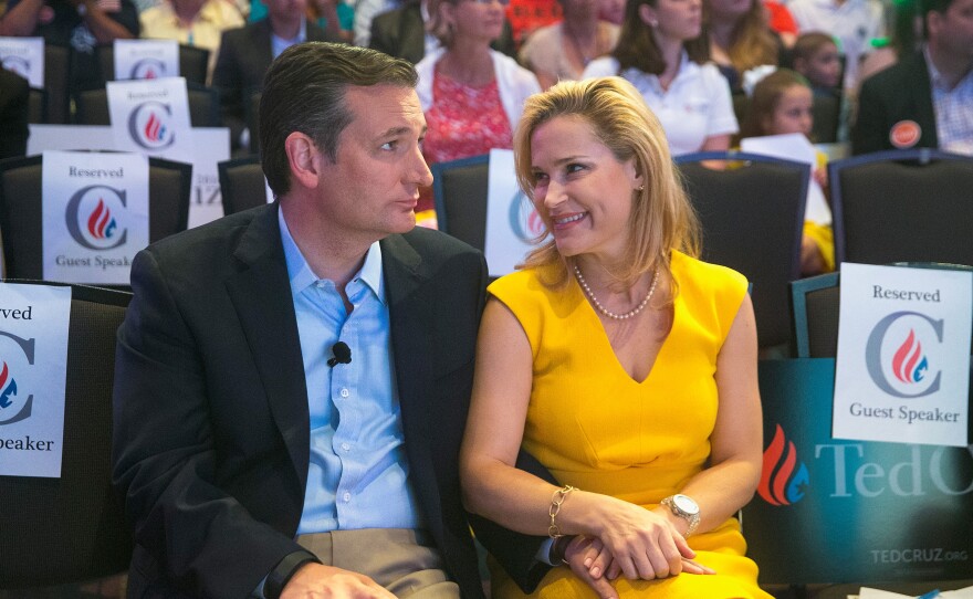 Republican presidential candidate Sen. Ted Cruz (R-Texas) chats with his wife Heidi Cruz at the Religious Liberty Rally he was hosting in Des Moines, Iowa in August.