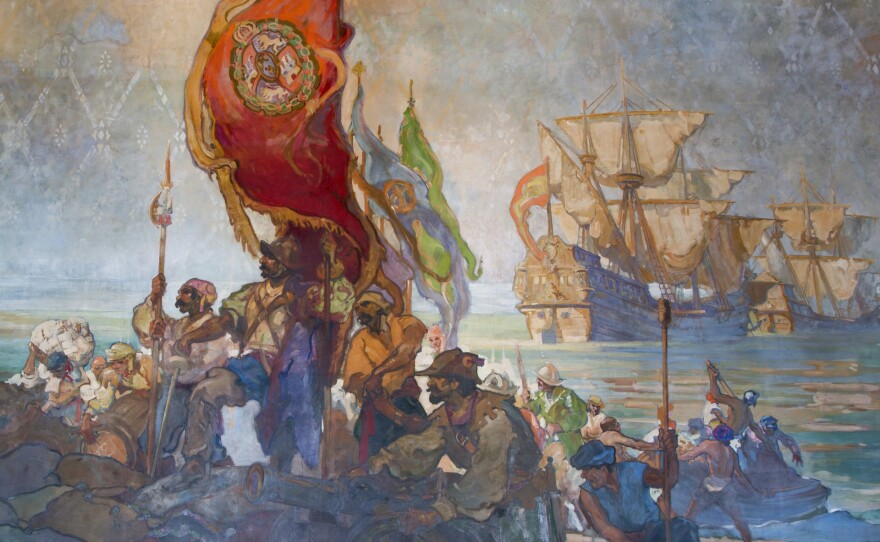 Cabrillo depicted claiming California for the Spanish Empire in 1542, in a mural at Santa Barbara County Courthouse, painted by Dan Sayre Groesbeck in 1929.