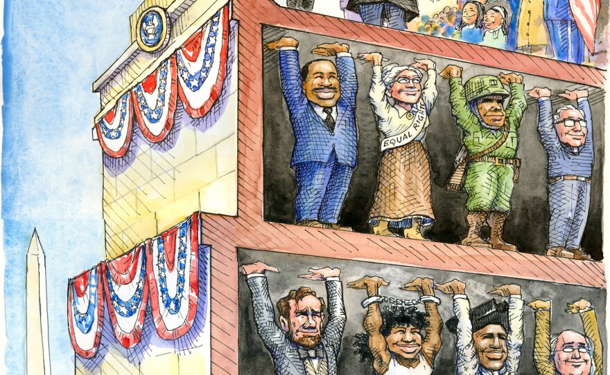 Matt Wuerker borrowed the concept of "standing on the shoulder of giants" in his cartoon for the inauguration in 2009.