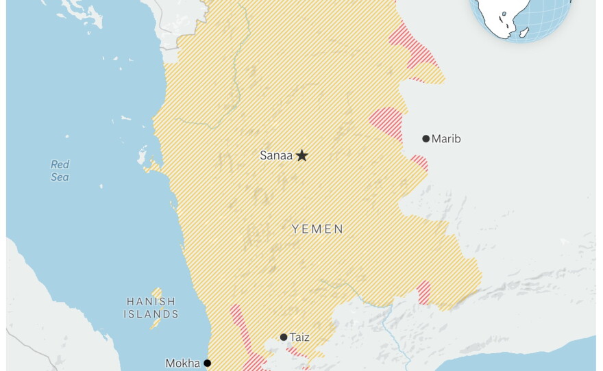 A map showing territory captured by the Houthis in Yemen.