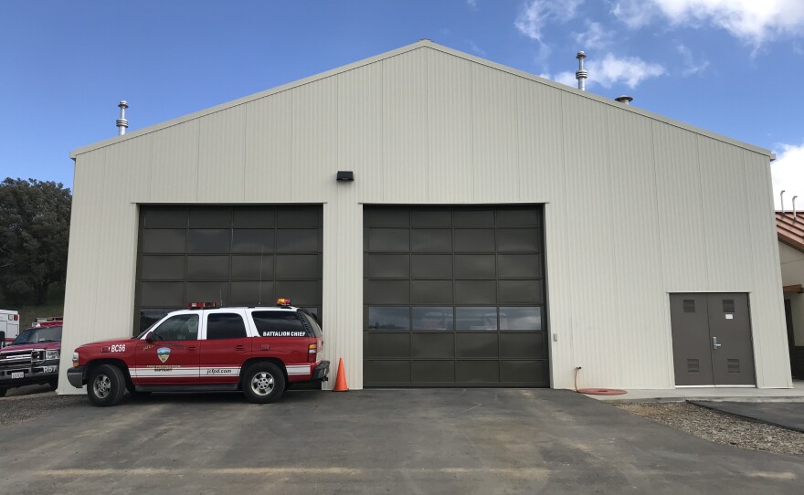 An emergency vehicle blocks the roll-up door of Julian Fire Station 56 on April 9, 2019. Volunteer firefighters have locked themselves inside the building in a protest over the dissolution of the Julian-Cuyamaca Fire Protection District.